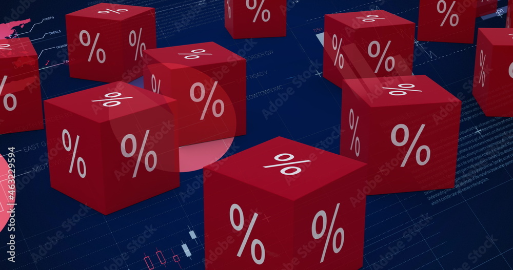 Image of red cubes with per cent sign over graphs and statistics