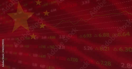Image of chinese flag waving over financial data processing