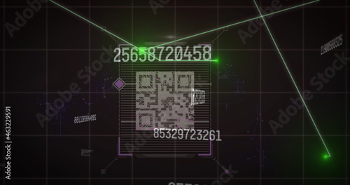 Light trails and multiple changing numbers over qr code scanner against black background