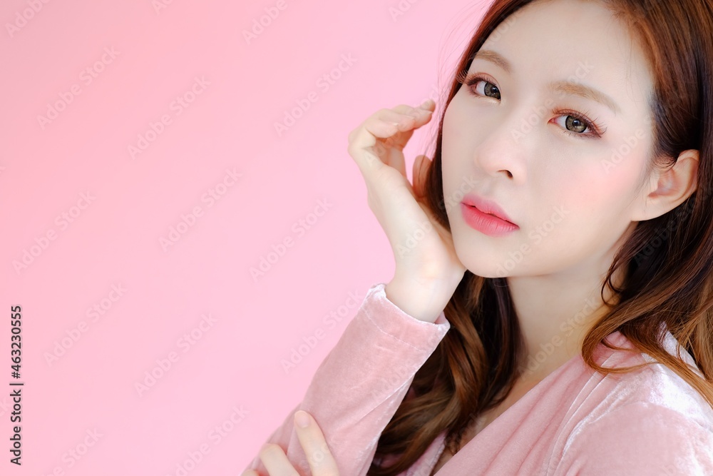 posing beautiful asia woman on pink background, emotions action, fashion set posing beautiful asia woman on pink background, emotions action, fashion set