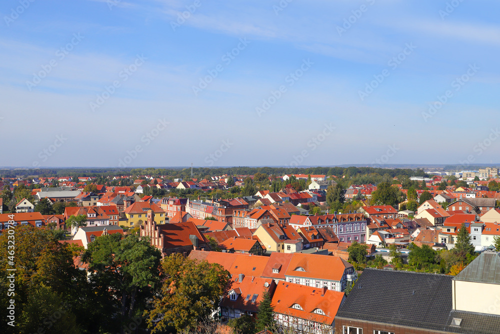 Obraz premium View from the Chapter Tower of Tangermünde to the old town, Saxony Anhalt - Germany