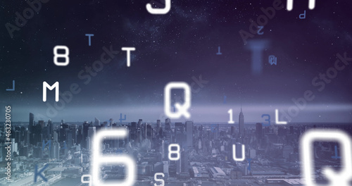 Image of falling numbers and letters over cityscape