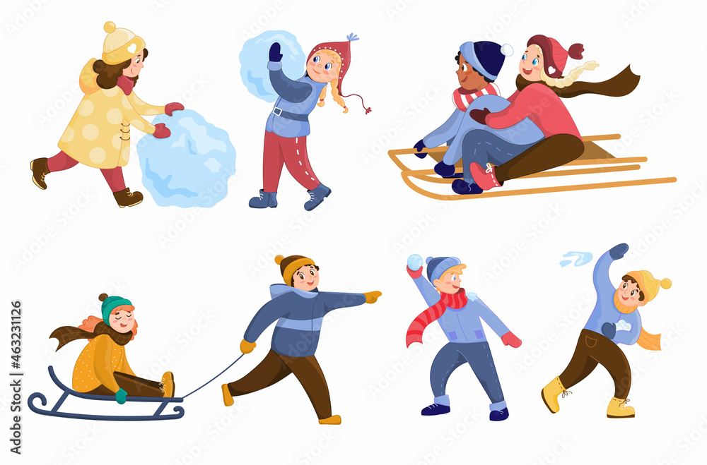 Cute kids play outside in winter. They make a snowman, play snowballs and sledding. A set of characters on a white background for a cartoon-style Christmas design.