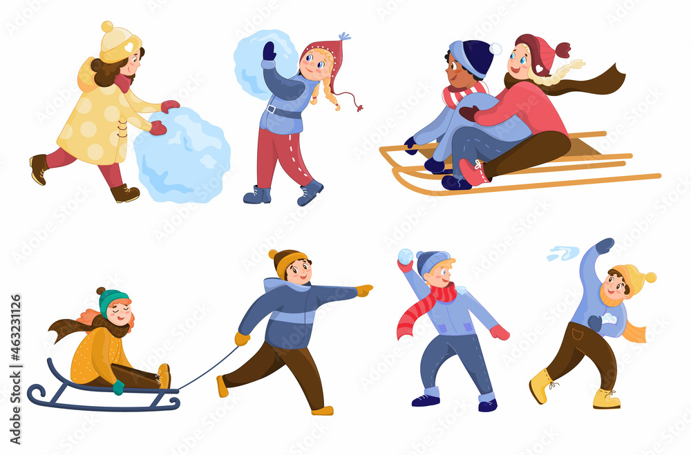 Fototapeta premium Cute kids play outside in winter. They make a snowman, play snowballs and sledding. A set of characters on a white background for a cartoon-style Christmas design.