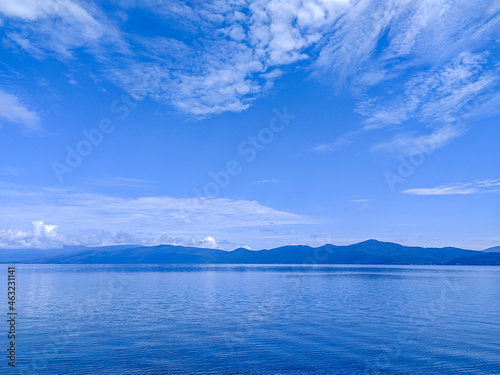 blue colored of lake and mountain