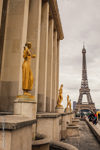 view of Eiffel Tower from Trocadero with the statues in the foreground   © Alejandro