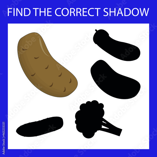 Find a shadow potato steam room. Match vegetable with correct shadow Preschool worksheet, kids activity worksheet, printable worksheet