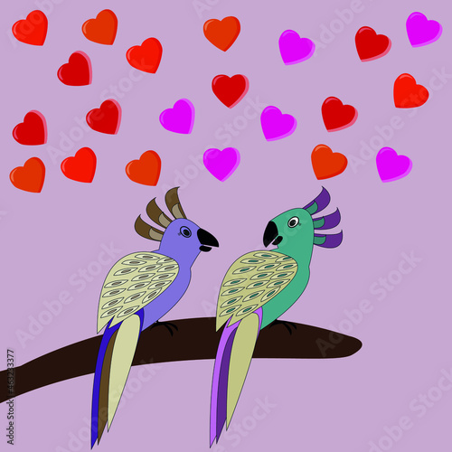 Cute loving  parrots  look at each other hearts fly above them on pink   isolated background