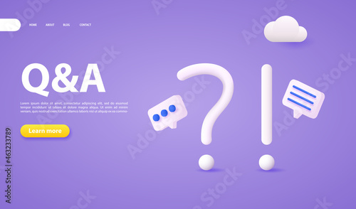 Questions and answers concept banner. Question and exclamation marks with speech bubble. FAQ, online support center.