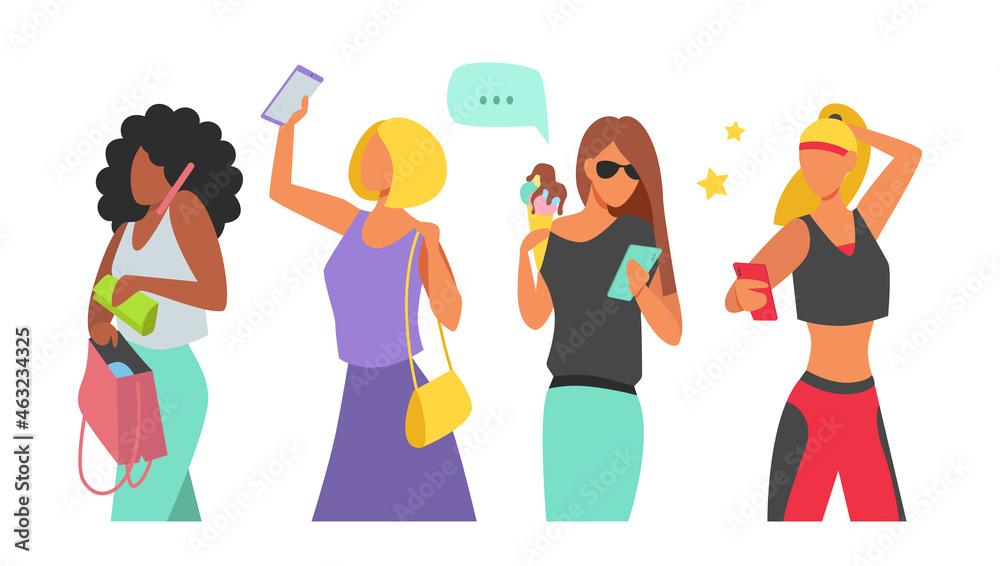 Young women using a smartphone. They communicate through social networks. Vector illustration in flat style Young women using a smartphone. They communicate through social networks. Vector illustration in flat style