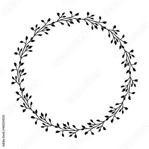 Hand drawn vector round frame. Floral wreath with leaves, berries, branches Decorative elements for design. Ink, vintage and rustic styles.