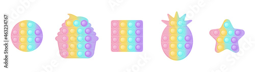 Set of 5 forms pop it a fashionable silicon toys for fidgets. Addictive anti-stress toy in pastel colors. Bubble sensory developing popit for kids. Vector illustration isolated on a white background.
