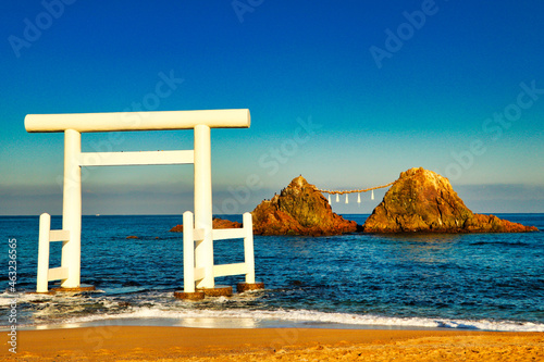 White Torii and married woman in Noshimaura, Itoshima Prefecture, Fukuoka Prefecture