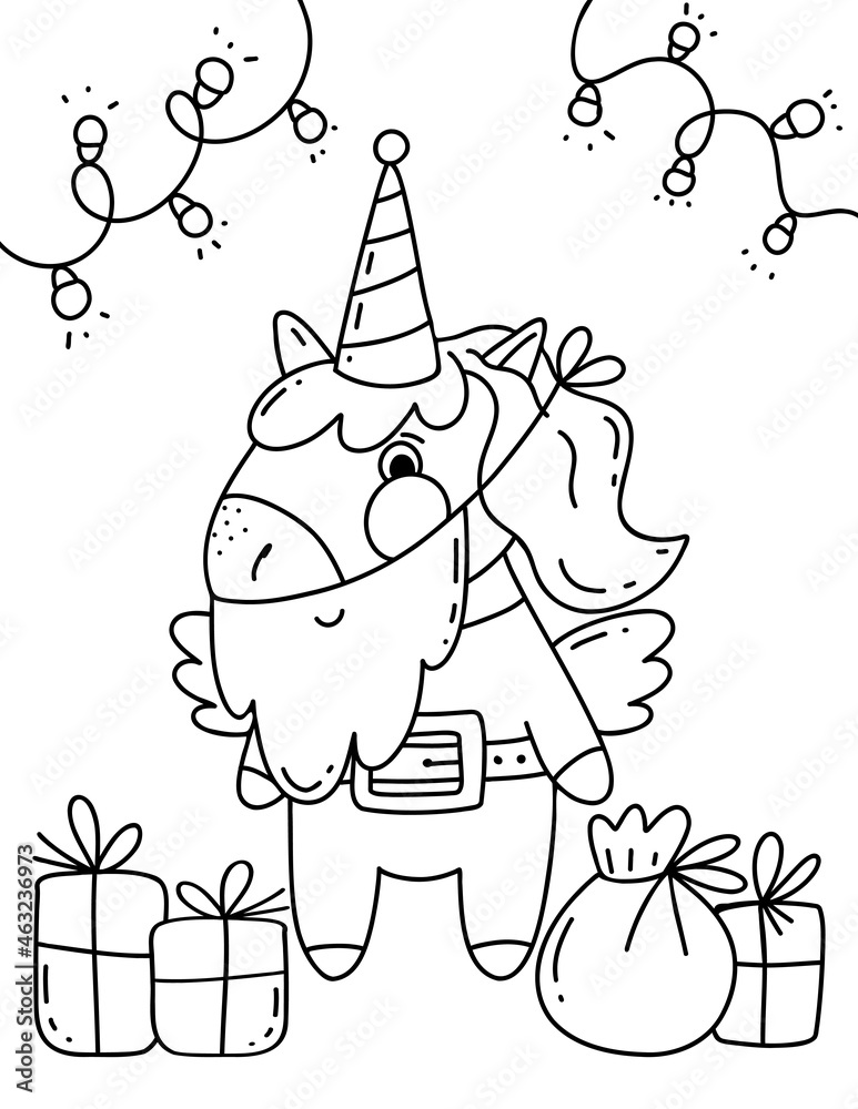 Christmas coloring book page. Unicorn coloring book page. Stock