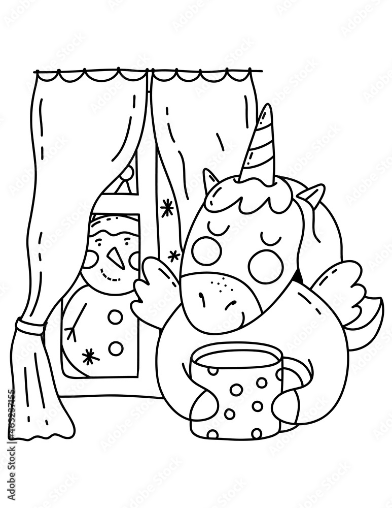 Christmas coloring book page. Unicorn with snowman coloring book page ...
