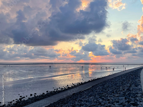 Wattenmeer  mud tideland in North Sea  Germany on sunset. Nordsee  Watt.