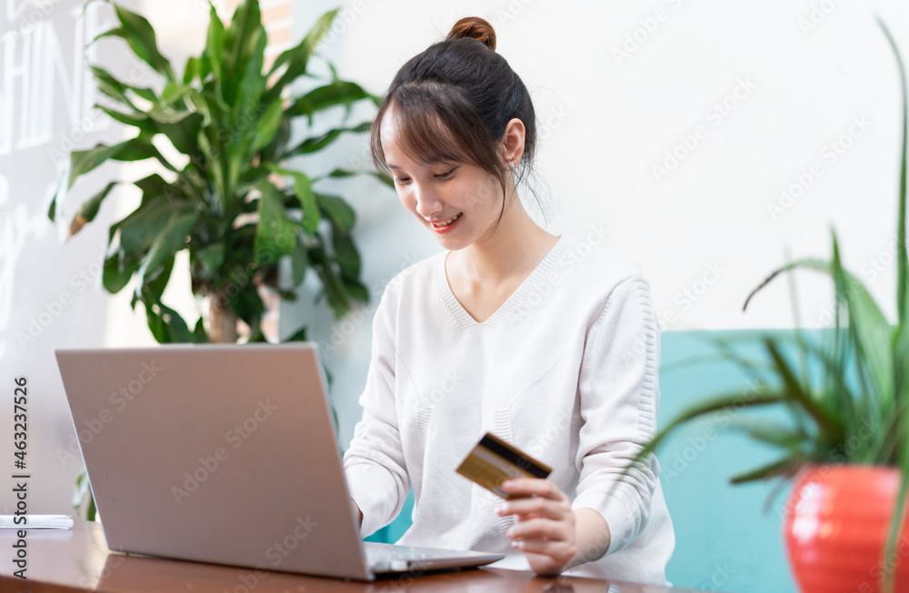 Portrait of beautiful asian woman using bank card and laptop
Portrait of beautiful asian woman using bank card and laptop