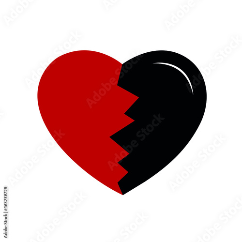 Vector illustration of a broken heart with one half black and the other red, symbol of broken love.