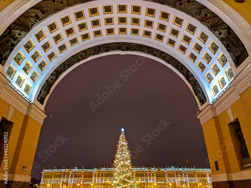 Saint-Petersburg, Russia. New Year tree at the main square of Saint-Petersburg (Dvortsovaya ploshad). photo