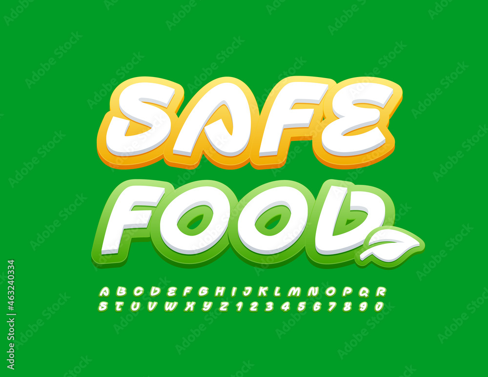 Vector bright Banner Safe Food. White and Green Font. Creative Alphabet Letters and Numbers Vector bright Banner Safe Food. White and Green Font. Creative Alphabet Letters and Numbers
