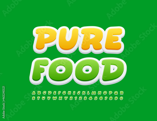 Vector colorful Logo Pure Food. Green Alphabet Letters and Numbers. Bright Comic Font