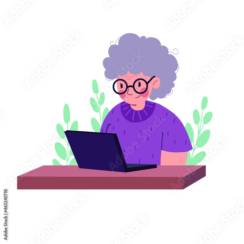Illustration of a happy grandmother with a laptop, in pastel colors. An elderly man with a laptop, working at home at a desk. Flat vector style. An elderly woman is studying a computer