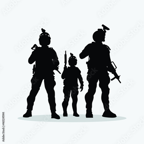Military vector illustration, Army background, soldiers silhouettes.Vector Policeman Tactical Shoot Illustration.