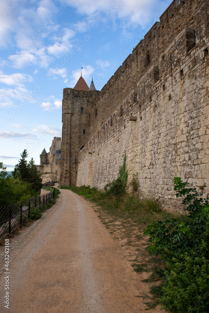 City walls Carcassonne medieval town in France.