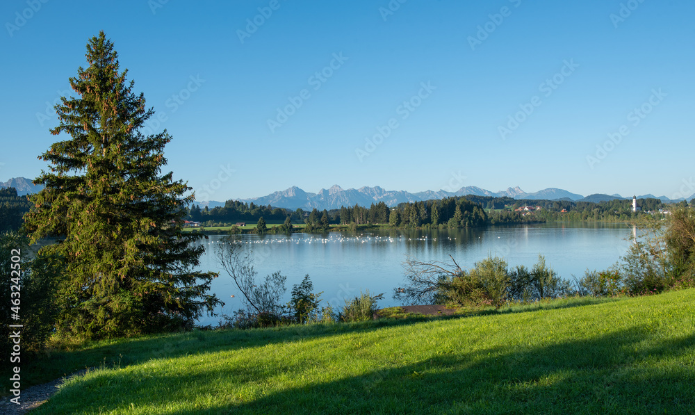 Lechstausee Urspring lake in Bavaria Germany. Bavarian Alps. - obrazy, fototapety, plakaty 
