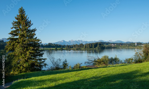 Lechstausee Urspring lake in Bavaria Germany. Bavarian Alps.