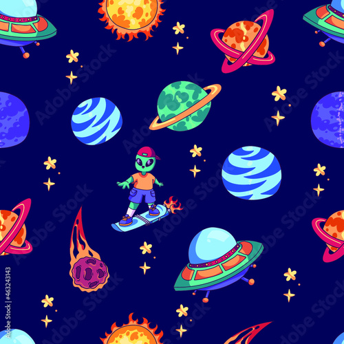 Childish seamless pattern with hand drawn space elements space, rocket, star, planet,Alien. Trendy kids vector background.Space children's seamless pattern with planets, rocket in cartoon style