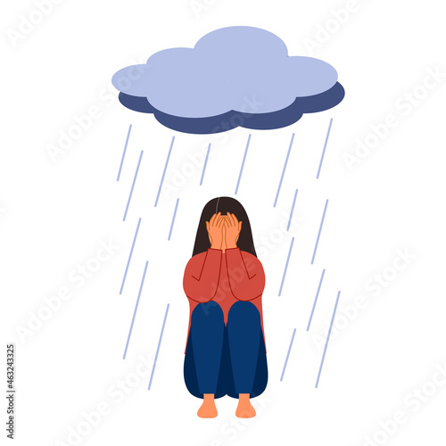 Depression woman sitting and crying under rain and cloud. Sad female in flat design. Unhappy feeling.