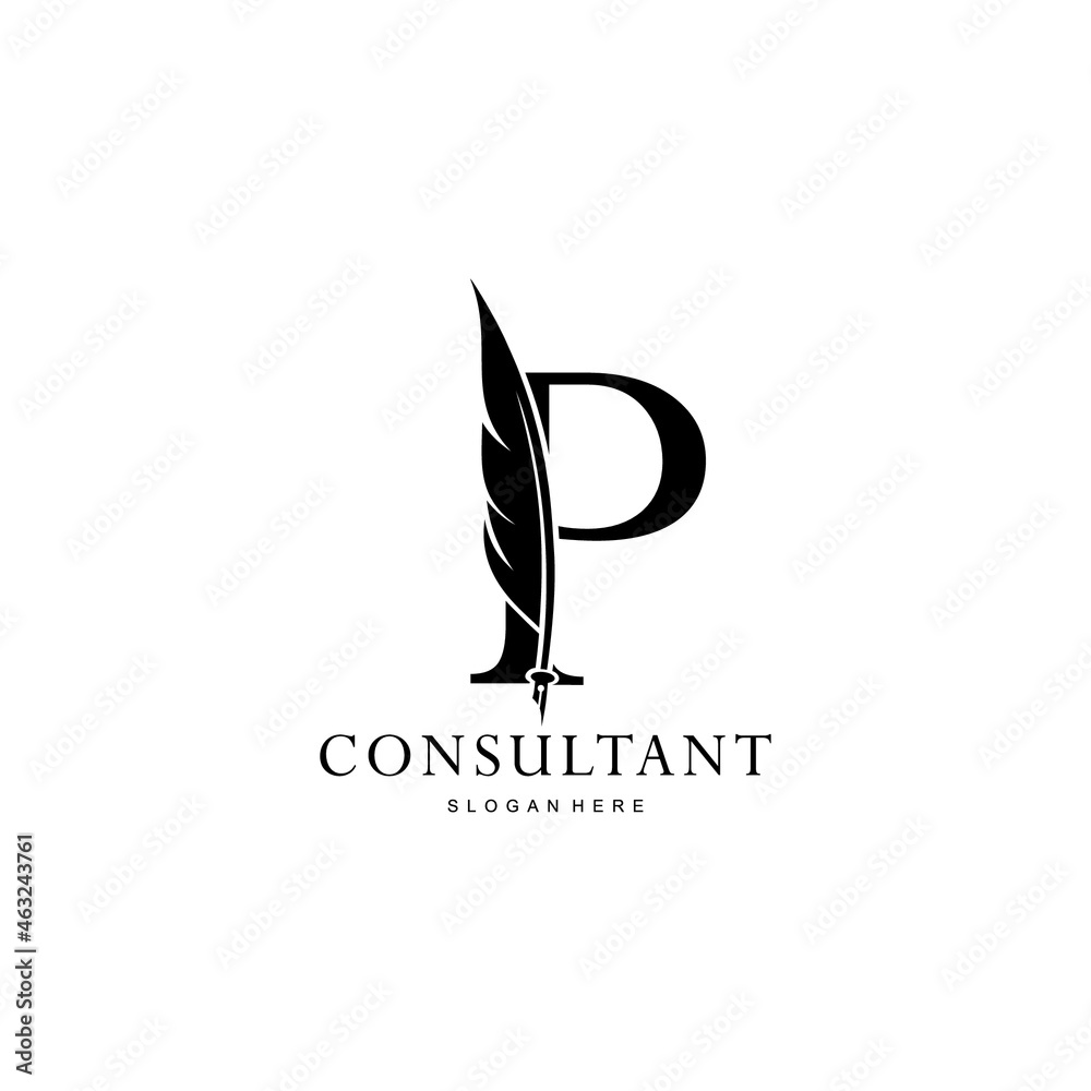 letter P logo and quill
.combination of letter P and vector quill .perfect for logos of legal consultants, lawyers, and more