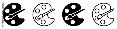 Set of paint brush icons with color palette. Instrument symbol, painter. Vector illustration.