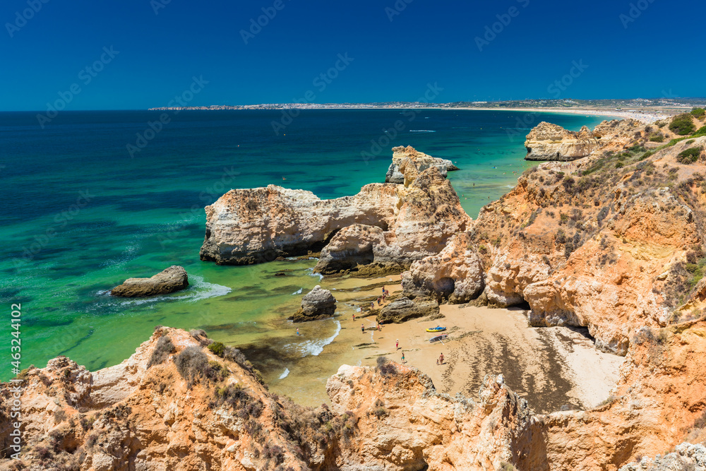 Aerial view of Praia dos Tres Irmaos beach, Alvor, Algarve, Portugal