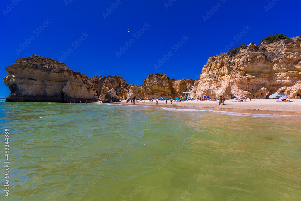 Fototapeta premium Aerial view of Praia dos Tres Irmaos beach, Alvor, Algarve, Portugal