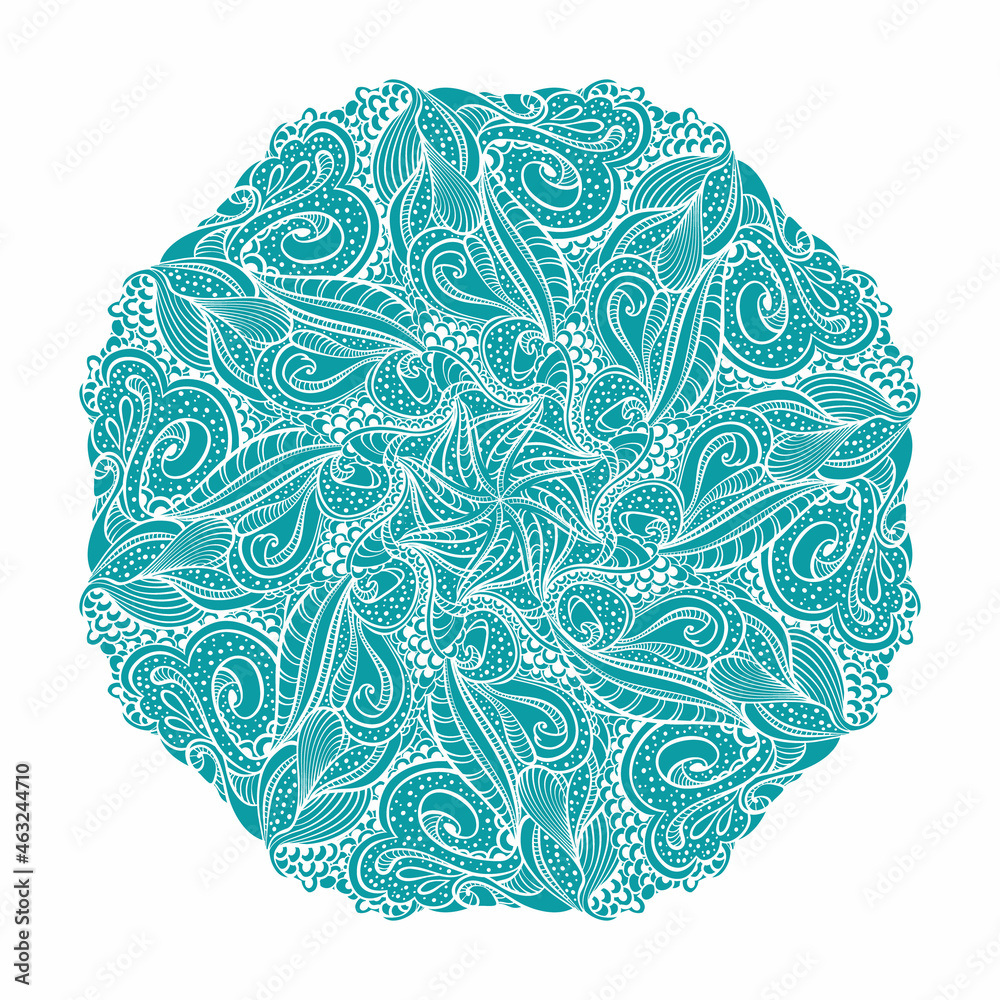Round Rosette with Marine Zentangle. Turquoise Mandala with White Countour Ornament. Vector Illustration. Round Rosette with Marine Zentangle. Turquoise Mandala with White Countour Ornament. Vector Illustration.