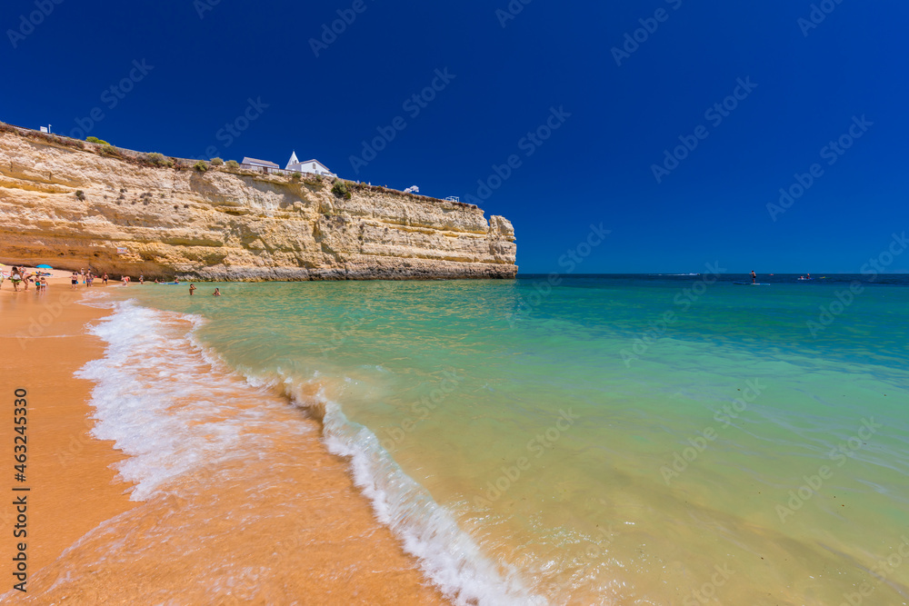 Fototapeta premium Aerial drone panoramic views of Praia Nova and Praia de Nossa, Algarve, Portugal