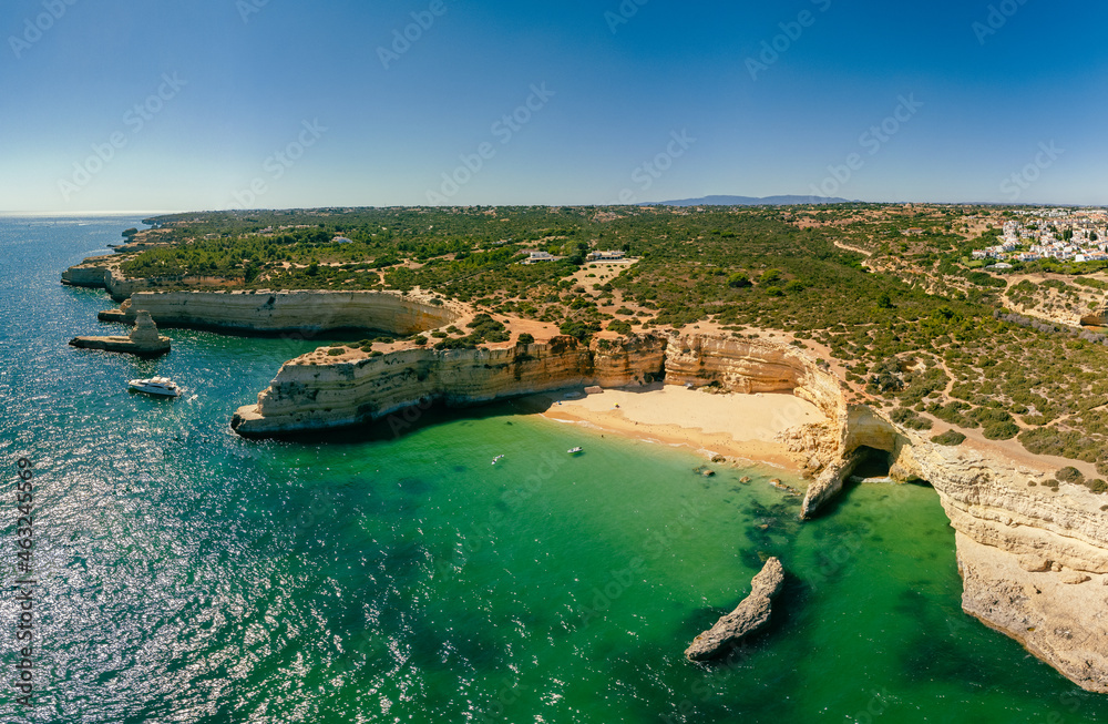 Obraz premium Aerial drone panoramic views of Praia Nova and Praia de Nossa, Algarve, Portugal