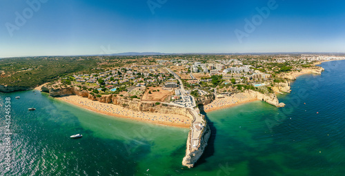 Aerial drone panoramic views of Praia Nova and Praia de Nossa, Algarve, Portugal