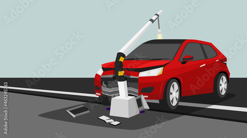 Damage red car crash pole light accident cannot drive. The front  is severely damaged. The equipment is broken. Incident fell on the side of an asphalt road. Was oil leaking under the car.