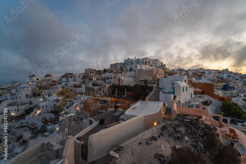 Sunrise landscapes of the village Oia in Santorini Island in Greece