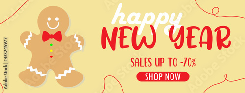 Merry Christmas and Happy New Year 2022 horizontal banner, gingerbread Man