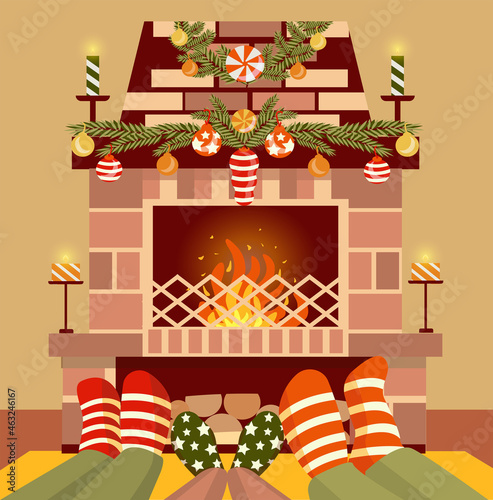 Family in Christmas socks near decorated fireplace. Vector illustration in a flat cartoon style. Mother; father and baby having fun together. cozy rest at home Winter holiday Xmas and New Year concept