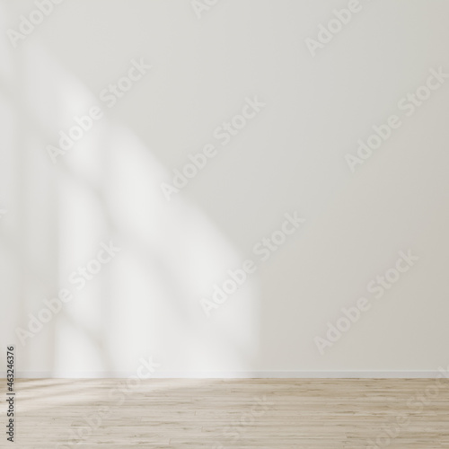 Fototapeta Naklejka Na Ścianę i Meble -  empty wall mock up, empty room with white wall with sunlight and shadows, wooden floor, 3d illustration