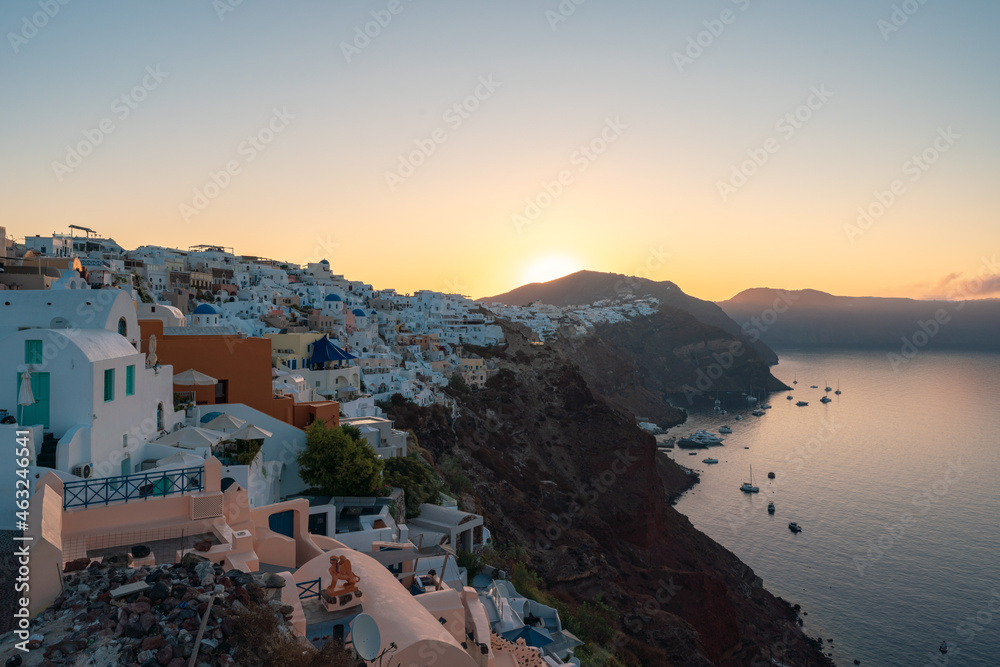 Sunrise landscapes of the village Oia in Santorini Island in Greece