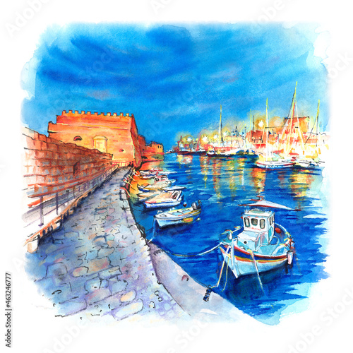 Watercolor sketch of Old harbour of Heraklion with Venetian Koules Fortress, boats and marina during blue hour, Crete, Greece. photo
