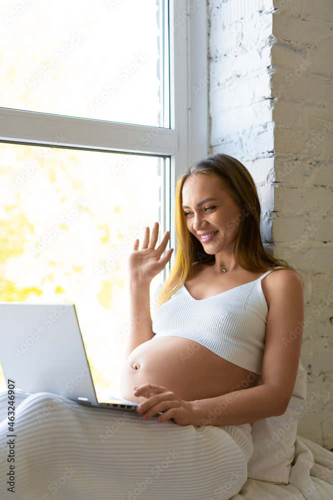 Pregnant woman sits at home in front of a laptop monitor - online consultation with a doctor or online meeting with friends.