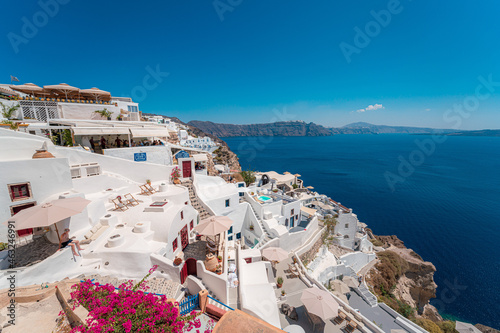 Landscapes and the architectural buildings in the village of Oia in Santorini Island in Greece