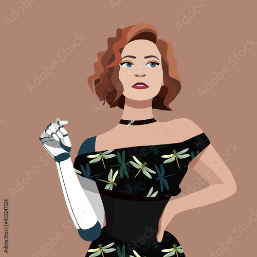 Beautiful girl with prosthetic arm. The concept of self-acceptance, body positivity, equal opportunities. Cyborg model. Disabled woman working as a fashion model. Vector illustration in flat style.